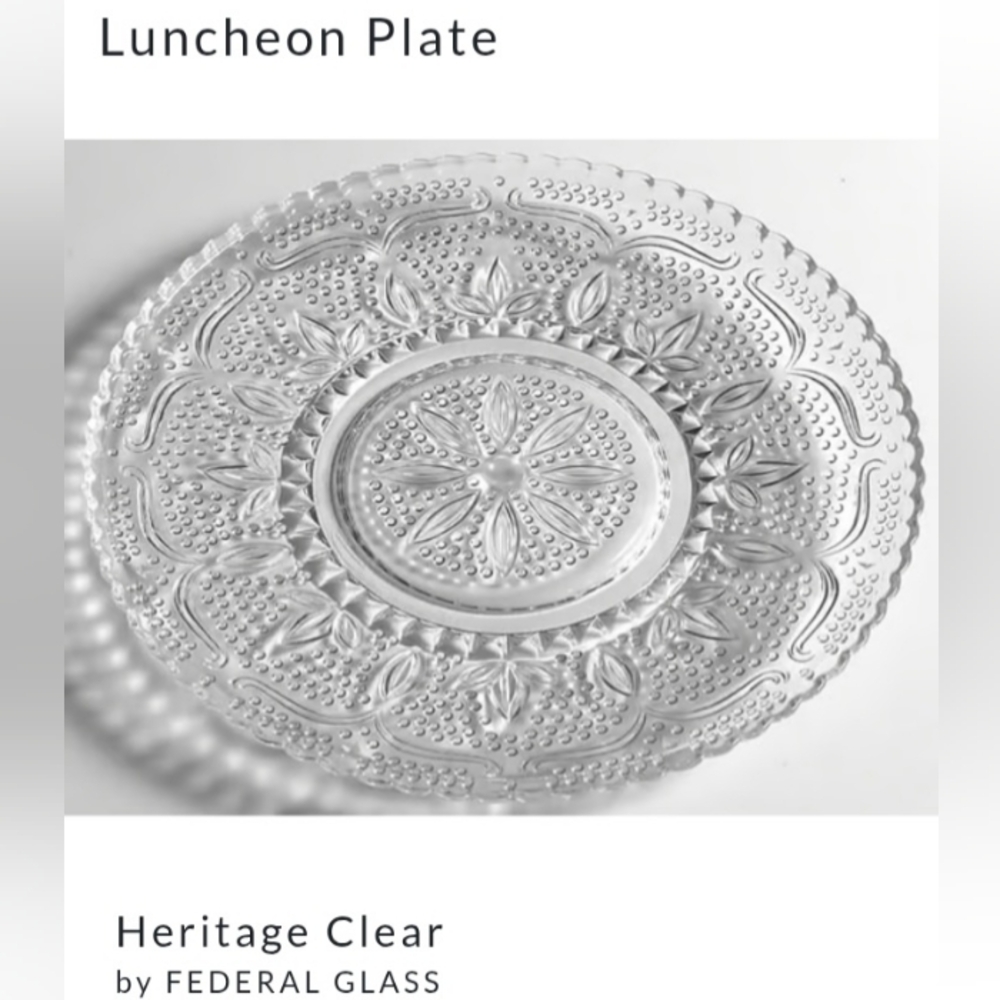 c1940-55 HERITAGE by Federal Glass Clear LUNCH PLATE 9.25" (8 total)